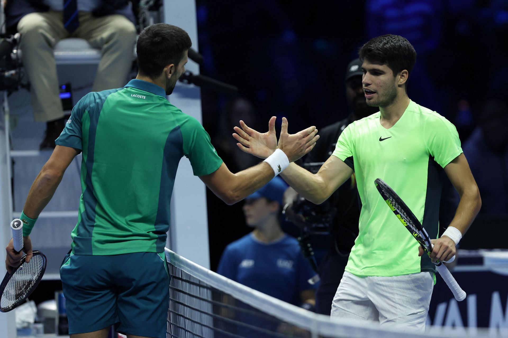 Novak Djokovic (L) and Carlos Alcaraz pictured at the 2023 Nitto ATP Finals